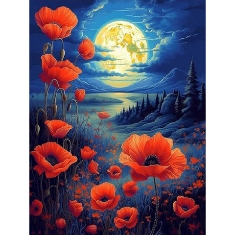 Poppies Under The Moonlight-Full Round Diamond Painting-30x40cm