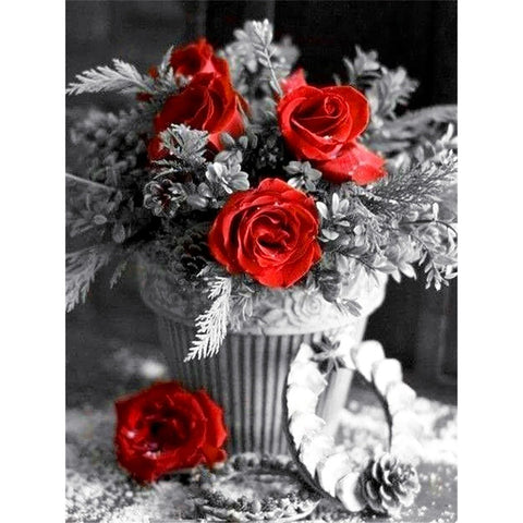 Black And White Red Rose-Full Round Diamond Painting-30x40cm