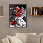 Black And White Red Rose-Full Round Diamond Painting-30x40cm