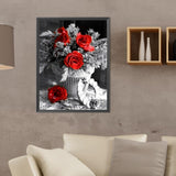 Black And White Red Rose-Full Round Diamond Painting-30x40cm