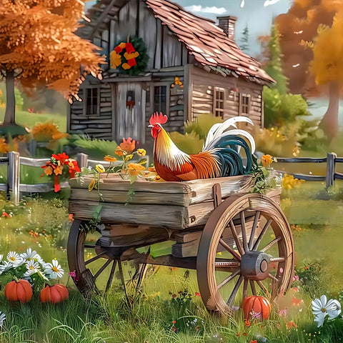 Village Rooster-Full Round Diamond Painting-40x40cm