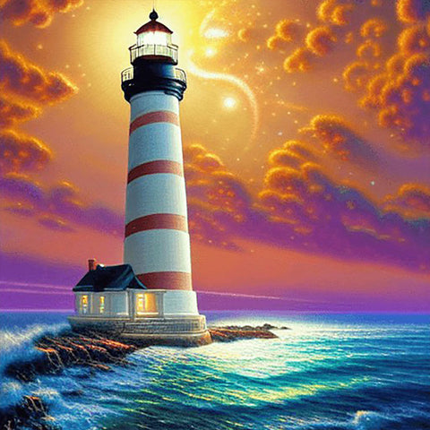 Crossing The Sea Lighthouse-Full Round Diamond Painting-30x30cm