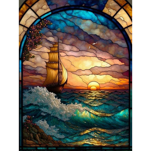 Stained Glass Dusk Sea Water-Full Round Diamond Painting-30x40cm