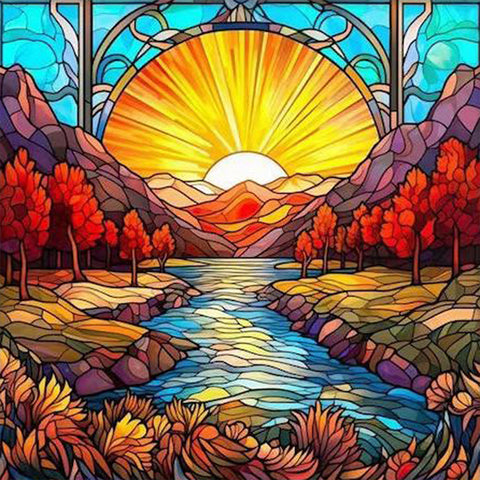 Stained Glass Mountains And Rivers-Full Round Diamond Painting-40x40cm