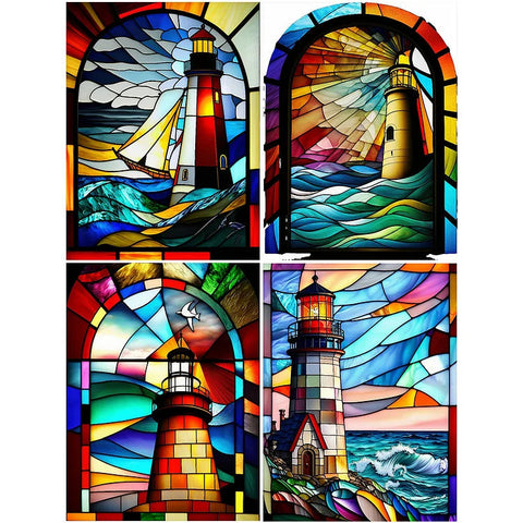 Stained Glass Lighthouse-Full Round Diamond Painting-30x40cm